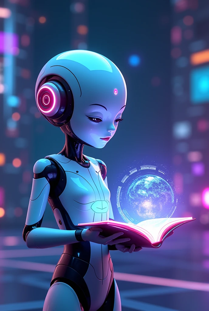 An animated, futuristic character (perhaps a humanoid robot or a digital avatar) holding a glowing book or a holographic screen displaying a captivating scene. The background could be a blend of vibrant digital patterns and abstract shapes, giving a high-tech, imaginative feel.
Use bright and engaging colors such as blues, purples, and neon accents to convey a sense of advanced technology and creativity.
Aim for a sleek, modern look with clean lines and a touch of whimsical animation to reflect both the AI and storytelling aspects of your channel.
