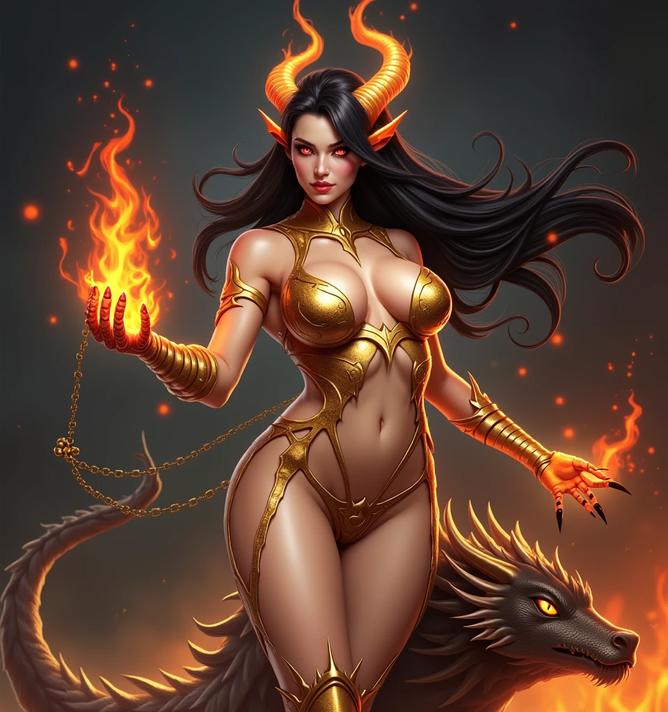 (masterpiece, top quality: 1.2), Realistic style, Super detail, Great lighting, (1 girl: 1.3), (High resolution:1.2),(​masterpiece、premium:1.2),very detailed eyes,, perfect face, very beautiful female body, beautiful thighs, big chest, good lighting, cowboy shot, Alone, 1 girl,, long black hair, Dragon horns on my head, horns with fire, Golden armor, clawed hands, hands covered with fire, Red eyes, Good make up, 