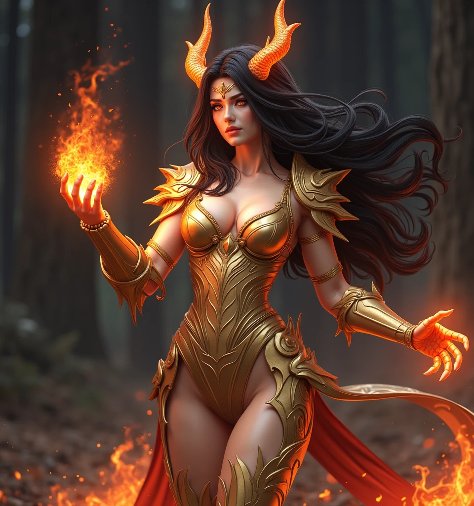 (masterpiece, top quality: 1.2), Realistic style, Super detail, Great lighting, (1 girl: 1.3), (High resolution:1.2),(masterpiece、premium:1.2),very detailed eyes,, perfect face, very beautiful female body, beautiful thighs, big chest, good lighting, cowboy shot, Alone, 1 girl,, long black hair, Dragon horns on my head, horns with fire, Golden armor, clawed hands, hands covered with fire, Red eyes, Good make up,