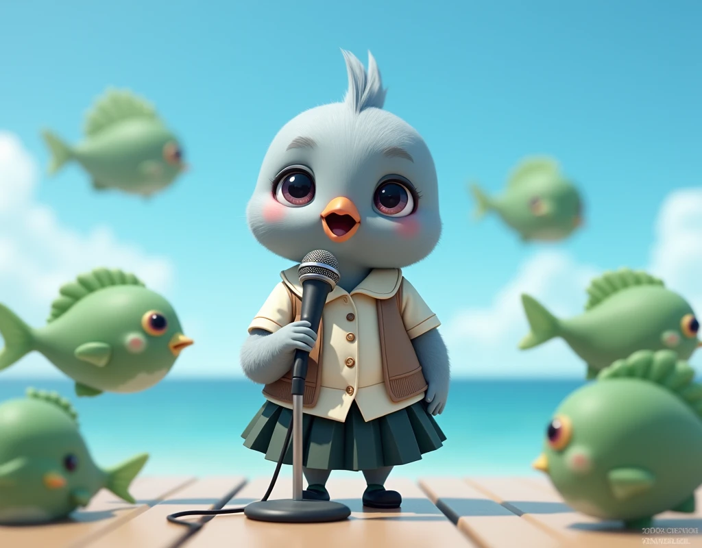 ((Highest quality)), ((masterpiece)), (photograph:1.6), (front), photorealistic, portrait, Singing with a microphone surrounded by lots of green, round puffer fish。
Big cute eyes, human expression。A small grey female pigeon with a head slightly larger than its body。
Off-white short-sleeved collared shirt with a light brown vest that was closed at the front、A knee-length black skirt with dark green socks and black shoes、Clear blue sky and ocean views。
