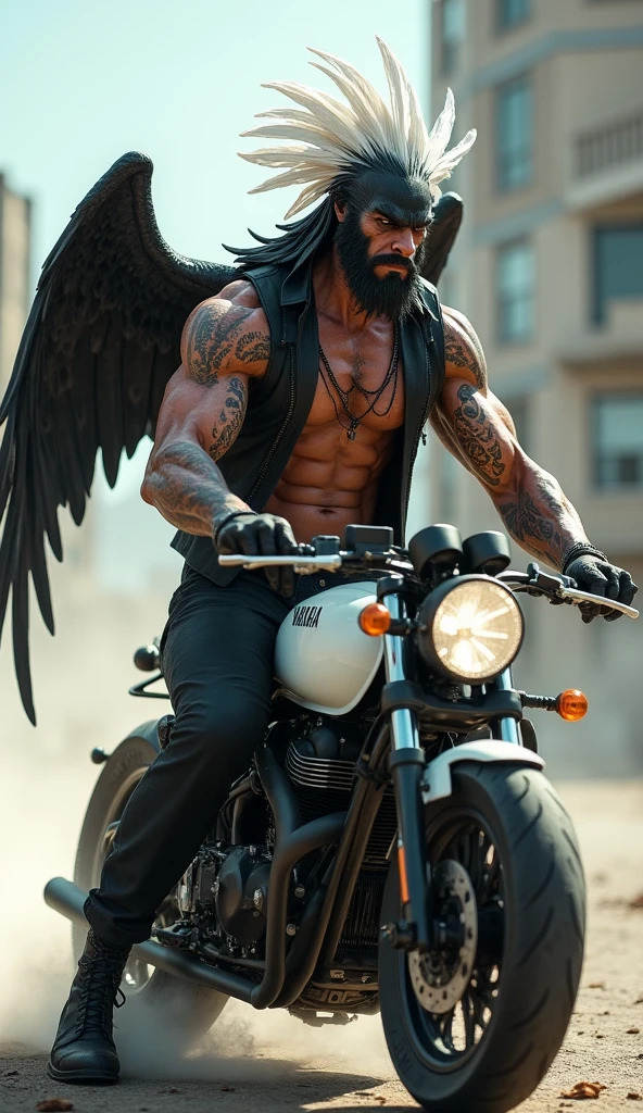 den, rooster bird, pig, male, adult, veiny muscles, defined body, toned muscles, dark black pants, terrorist, bandit, criminal, pirate, serious look, fierce look, small eye, black feathered body, white feathers, detailed background, wild background, clear weather, realistic, photorealistic, ultra realistic, 8k, bare chest, black nipples, tight crotch, shirtless, utility belt, shiny skin, torso tattoo, long feathers, unbuttoned black vest, riding a white Yamaha motorcycle with smoke coming out behind, in the city,