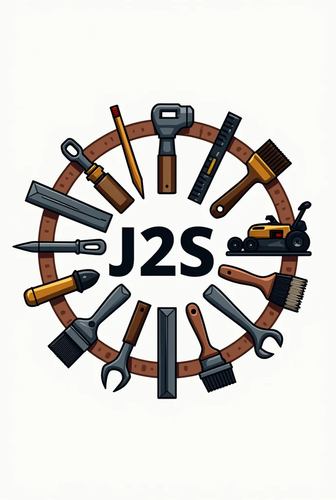 Circular logo of a company called J2S, with tools such as square , compass, ruler, spirit level, pinceau, mower... 