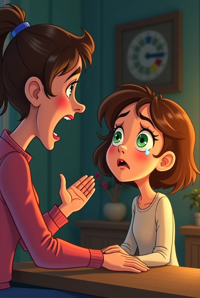 A mother is shouting in home to her daughter with green ayes and tear in daughter eyes like cartoon