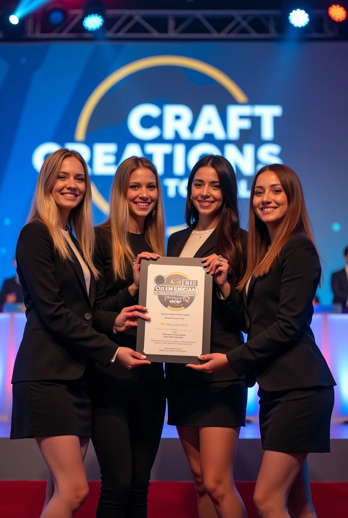CustomCraft Creations Receives Custom Design Innovation Award We are proud to announce that CustomCraft Creations has been awarded the Custom Design Innovation Award.. This recognition highlights our commitment to creativity and quality in every product we offer.. Thank you all for your continued support! make the image with 4 girls receiving the award