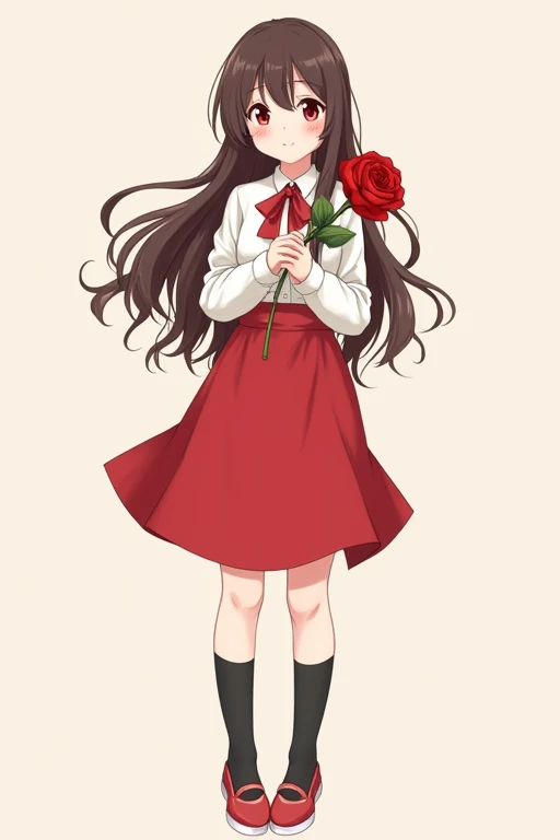A cute anime girl with long brown hair, red eyes, wearing a pure white dress shirt with a red handkerchief-shaped ribbon, a completely red skirt, black socks, and red shoes with white areas is smiling gently and holding a single red rose in both arms, as seen from the front, with a deformed and fairly thick outline.