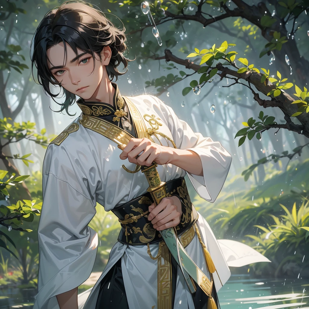 A Handsome black-hair male holding a large sword in white ancient chinese costume, Background is trees, vegetables, lush green, with water drops after rain, with water droplets everywhere, green, close up.