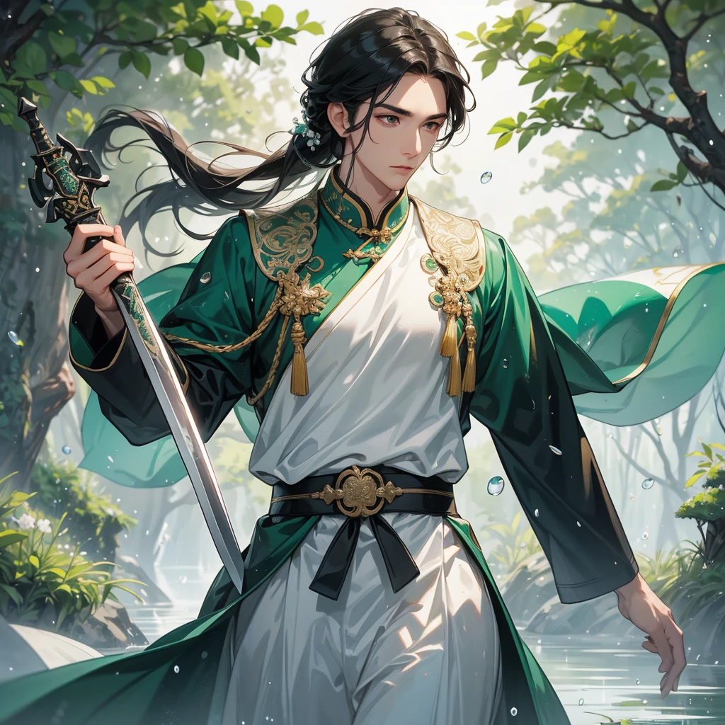 A Handsome black-hair male holding a large sword in white ancient chinese costume, Background is trees, vegetables, lush green, with water drops after rain, with water droplets everywhere, green, close up.