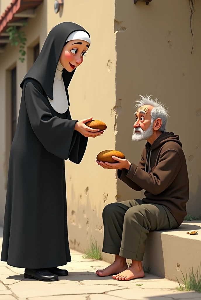 Animated nun with hair coming out from behind her blanket covering her head and easy to draw giving a loaf of bread to a homeless person sitting on a wall and with damaged clothes and no shoes