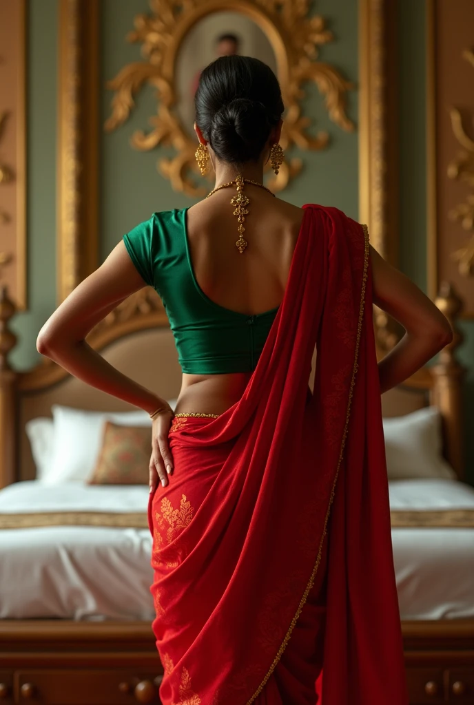 Indian woman Aishwarya Rai in green satin blouse red saree , tied hair bun, lifting a man above her shoulders, man is sitting on woman's shoulders, in a bedroom with high ceiling, woman is showing her back to the camera , full body image , close up