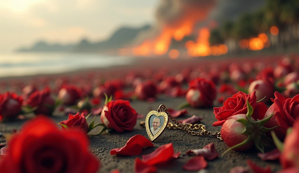 2024; (masterpiece, best quality) destroyed Copacabana Beach roses on the floor; thousands of red white roses on the ground; small necklace with a small photo of a couple a love heart  Down(close-up); bombs falling from the sky.; fire around.