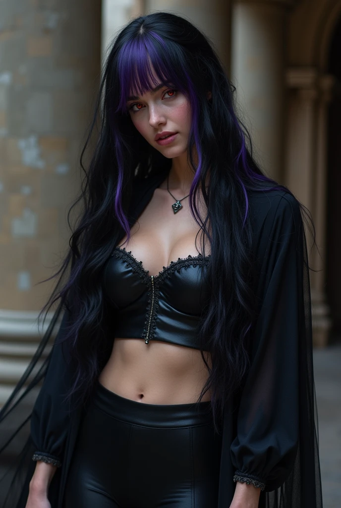 twenty year old woman,long black wavy hair,purple fringe,Eyes red,black leagwear,medieval times.