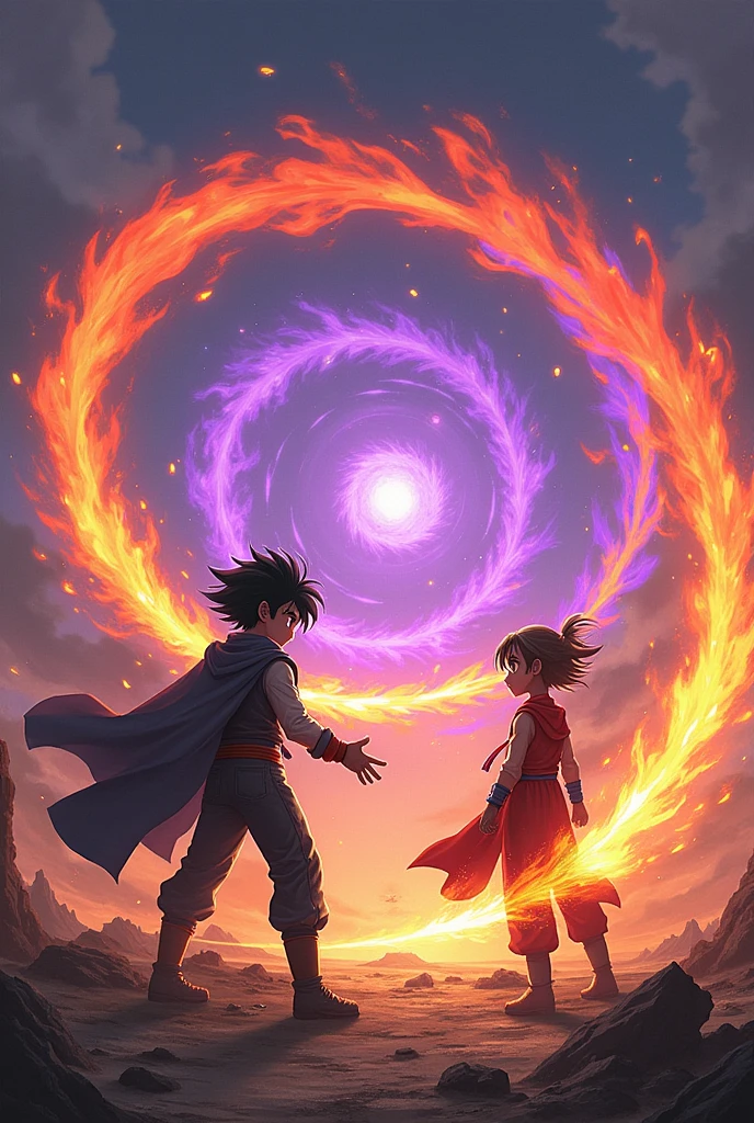 **Image Description: (boy)Bill and (girl)Temodoka in Combat**

### **Background:**

- **Location**: A dynamic, battle-worn landscape, such as an open field or a damaged cityscape due to the intense fight.

### **Bill:**

- **Position**: Bill stands on the left side of the image, ready to unleash his technique.
- **Appearance**: He wears light, airy clothing that flutters in the wind. His black hair is being swept by the gusts.
- **Technique: Wind Blade**
  - **Depiction**: Bill extends one hand forward. Around his hand, a sharp, circular blade of air forms, depicted in a glowing light orange hue.
  - **Effect**: The Wind Blade slices through the air, creating a slight around Bill,s hand. The blade has a translucent but shimmering appearance, conveying the sharpness of the wind.
  - **Action**: The blade is aimed at an opponent or target, poised to strike precisely and powerfully.

### **Temodoka:**

- **Position**: Temodoka stands on the right side of the image, with a determined stance.
- **Appearance**: She wears fire-resistant, red clothing that flares slightly due to the heat of the flames. Her black hair is also affected by the fiery intensity.
- **Technique: Flame Whirlwind**
  - **Depiction**: Before Temodoka, a spinning whirlwind of intense purple red flames forms. The Flame Whirlwind is her hand and fierce, with dancing flames and a fiery glow.
  - **Effect**: The whirlwind has a dynamic, almost hypnotic motion, consuming everything in its vicinity. The flames appear wild and destructive.
  - **Action**: The Flame Whirlwind is being projected forward, with the flames raging uncontrollably, ready to engulf its target.

### **Interaction of the Techniques:**

- **Contrasts and Harmony**: Bill’s Wind Blade and Temodoka’s Flame Whirlwind are positioned so that they face opposite directions, emphasizing the dynamic and powerful nature of their techniques.
- **Visual Effects**: The wind around Bill might stir up small debris and dust, while the heat from the Flam