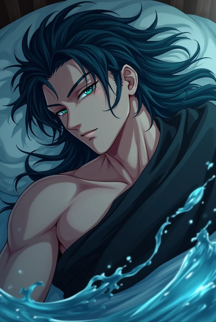 Anime cool arrogant guy, Manly face and body, water god,  Black long hair with dark blue color highlights, emerald eyes, wearing black robe, in the cozy modern room, close up, sleeping beside the viewer pov, only one person