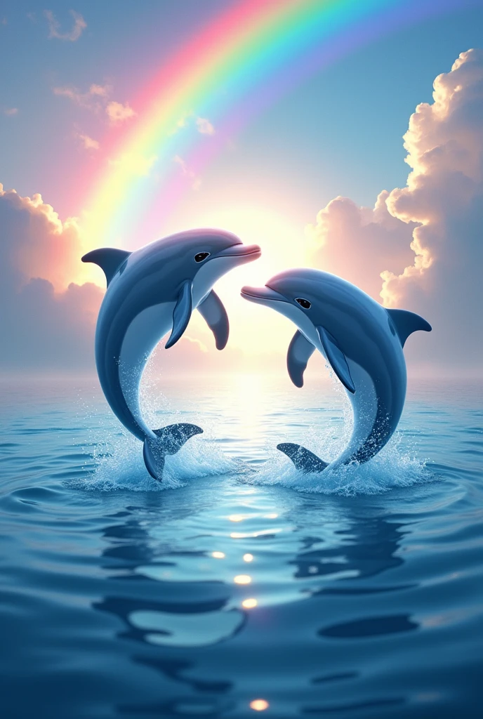 Dolphins playing with a colorful rainbow in a heavenly paradise