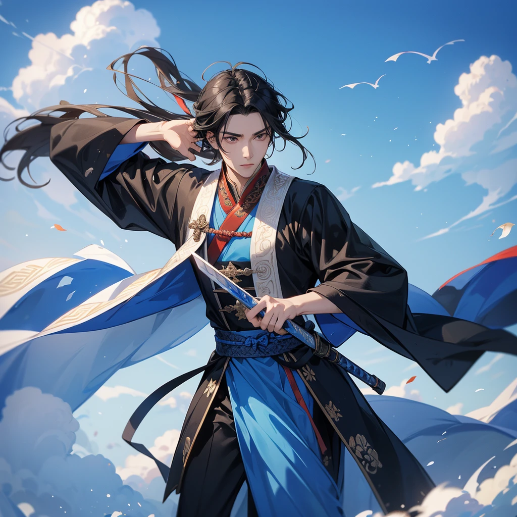 A Handsome black-hair male holding a large sword in an ancient chinese costume, Background is a blue sky, with low floating blue clouds all over the area