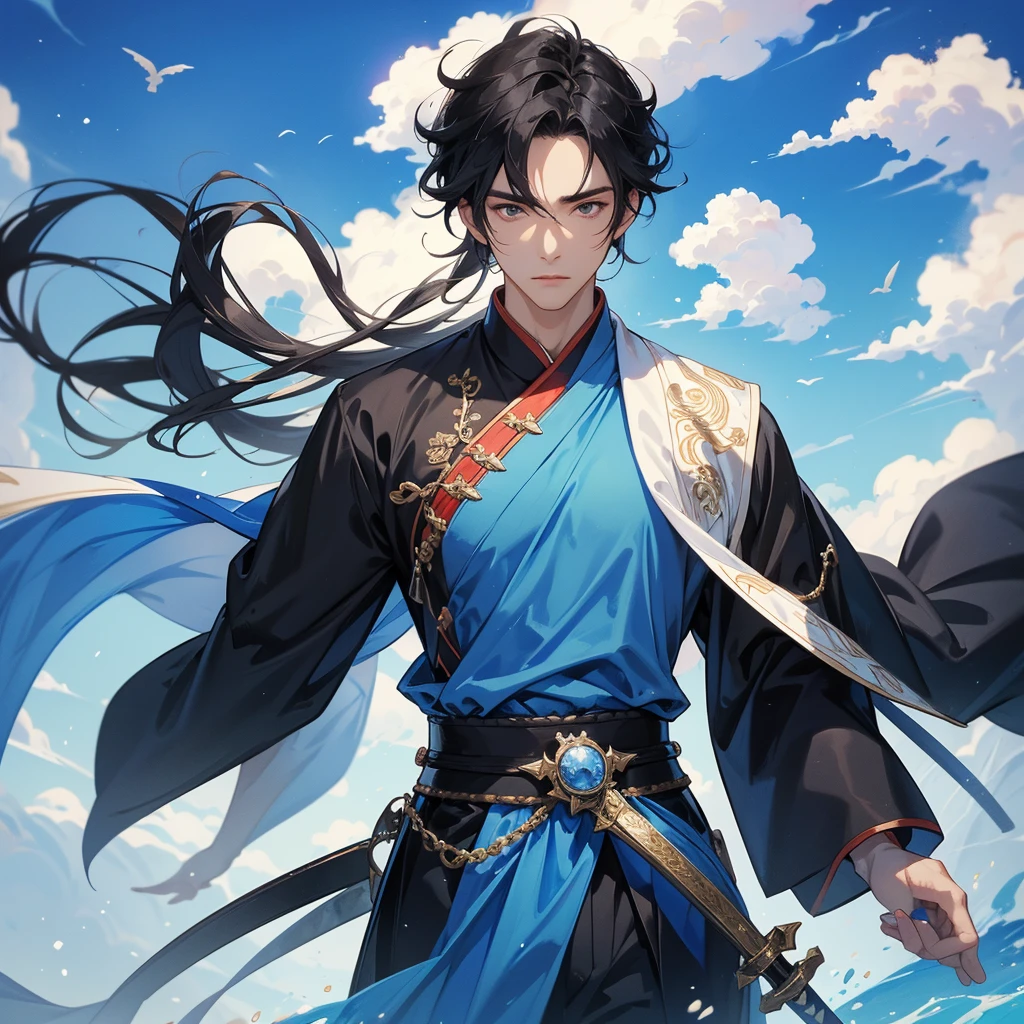 A Handsome black-hair male holding a large sword in an ancient chinese costume, Background is a blue sky, with low floating blue clouds all over the area