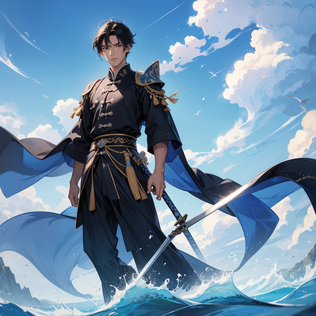 A Handsome black-hair male holding a large sword in an ancient chinese costume, Background is a blue sky, with low floating blue clouds all over the area