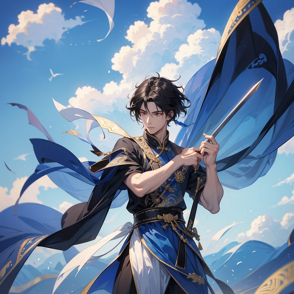 A Handsome black-hair male holding a large sword in an ancient chinese costume, Background is a blue sky, with low floating blue clouds all over the area