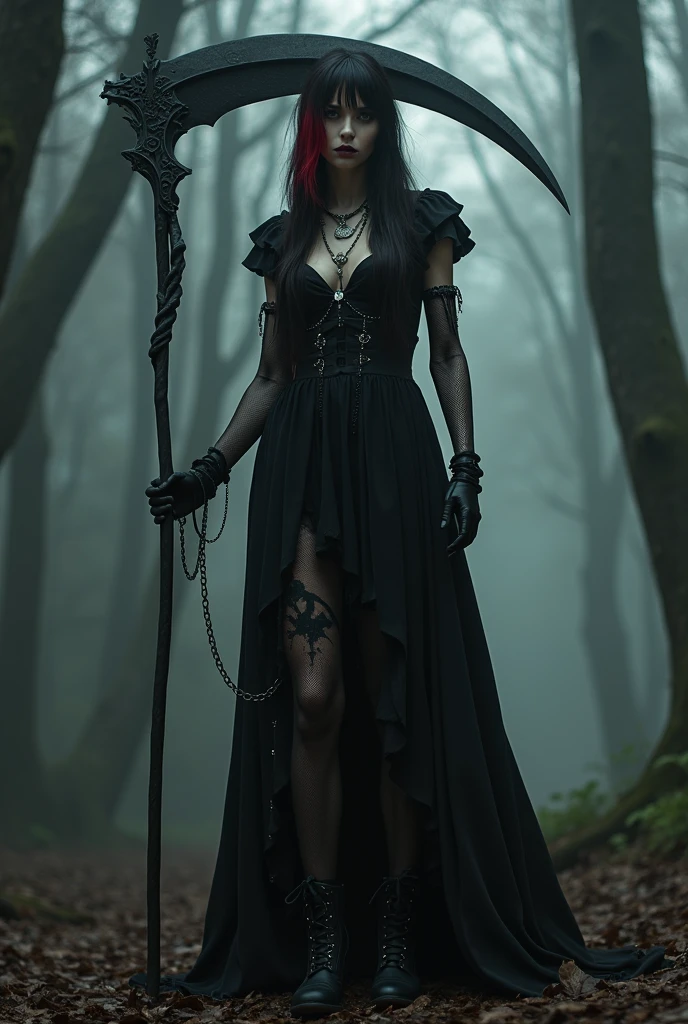 A gothic adult woman, Bullish, very thin with white skin, her hair is long down to her neck with red streaks of dye at the ends of her hair, there is also a gothic style fringe on his forehead. She wears long net gloves on her hands, Her outfit is completely black, with a cool style like long blouses that cover her entire arm., shiny chains, piercings, she also wears a black boot. In her hands she wields a gigantic, sharp scythe pointing downwards.. The environment is completely dark in the darkness of the forest amidst dense fog.