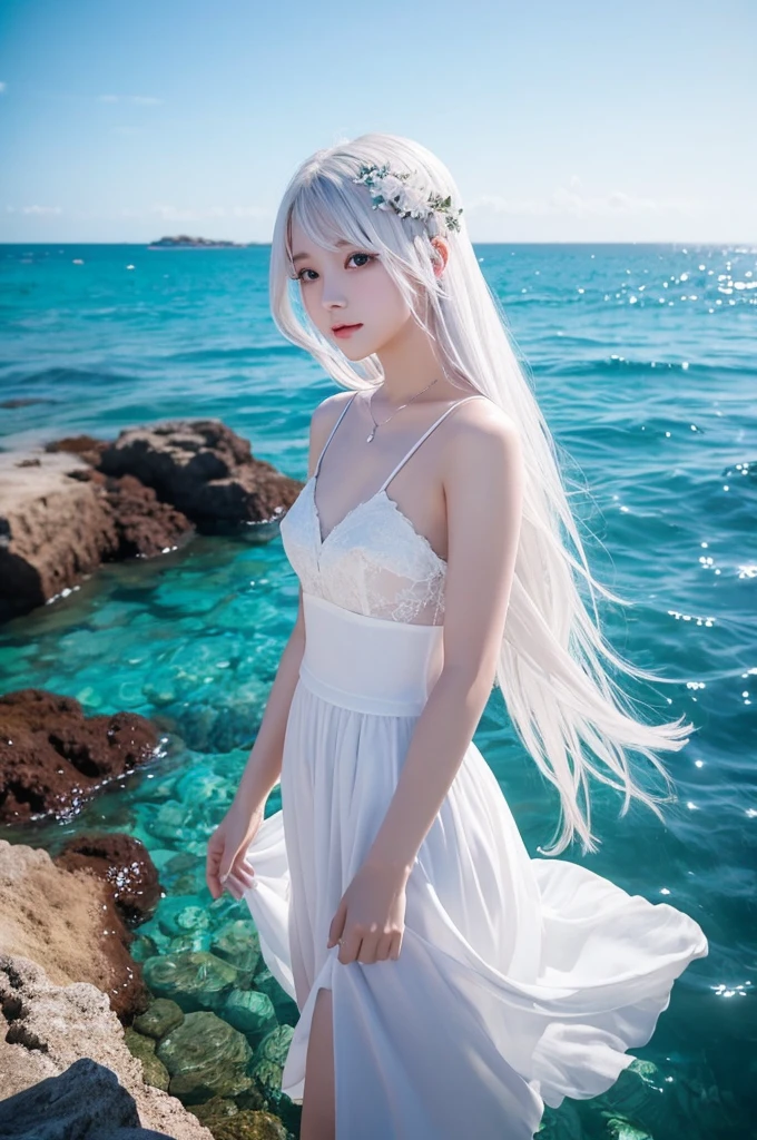 White Dress、seabed、White Hair、beautiful girl、Sinking into the sea、beautiful、Fantasy