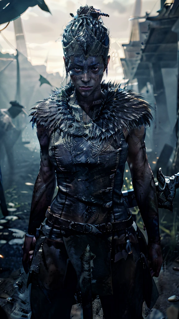 Senua from hellblade, 1girl, holding glowing sword, sword fighting poses, wide angle, leather clothing, forehead and eyes painted dark blue, determined expression, 16k, best quality, detailed face, beautiful blue eyes, best hands, perfect hands, unreal engine rendering style, award winning digital art, darkly atmospheric lighting 