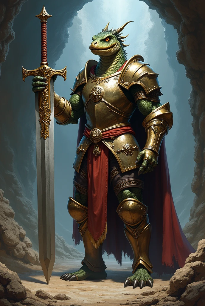 A dragonborn warrior, with plate armor, plate breastplate and a greatsword inspired by Dungeon characters & drangons