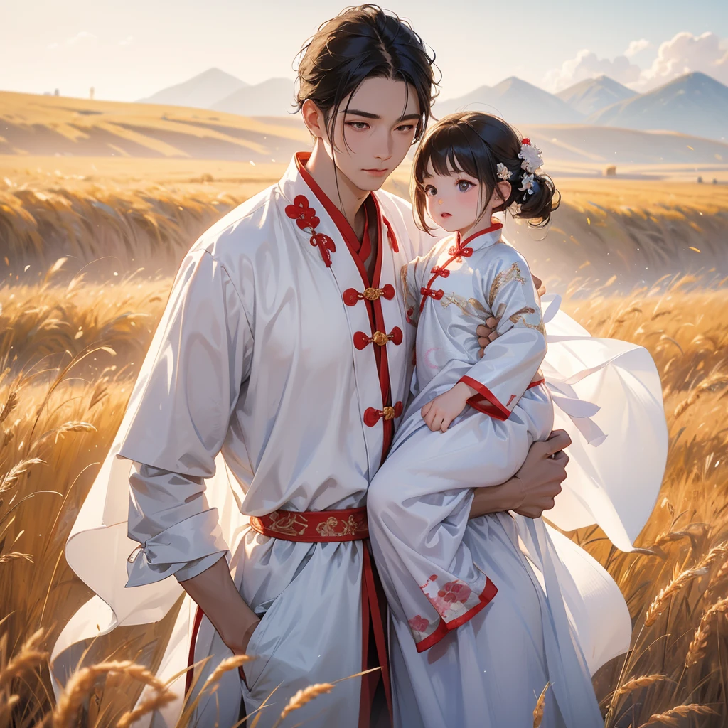 A one-year-old baby boy in an white ancient Chinese baby costume with his beautiful mother, dressed in an ancient Chinese costume, Standing in the middle of a wheat field, There are some floating clouds, playing with each other, with his handsome father standing next to his mother, close up.