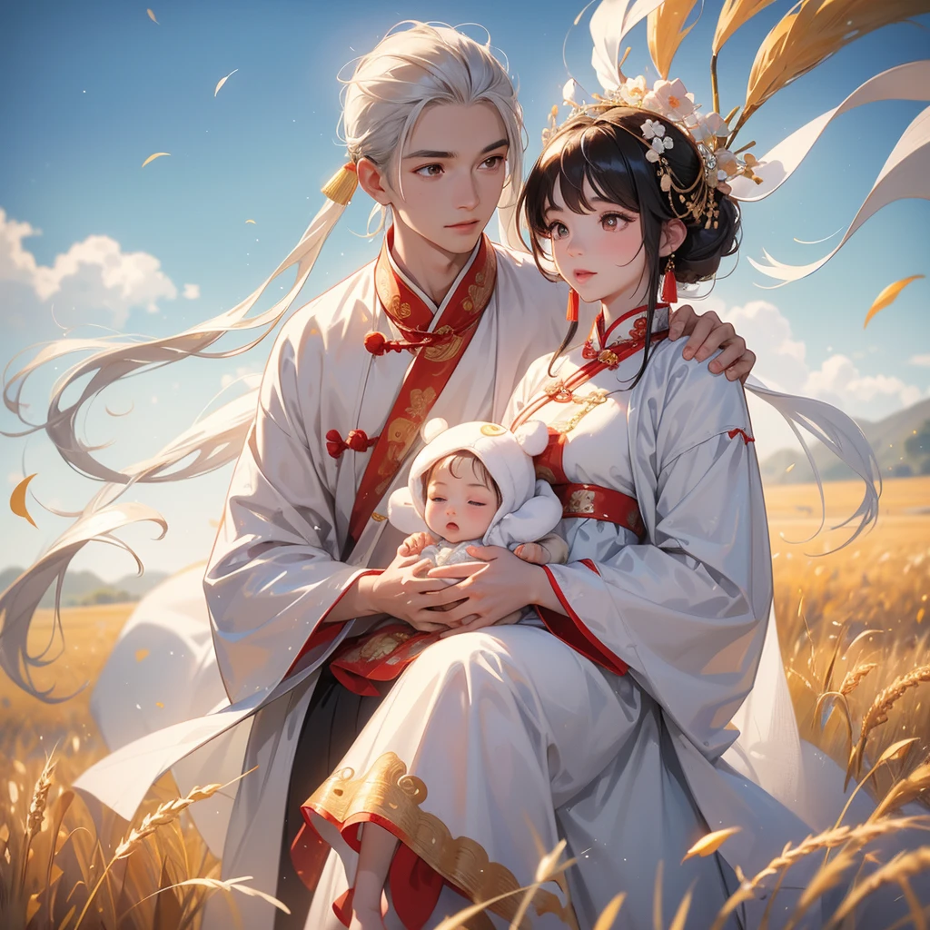 A one-year-old baby boy in an white ancient Chinese baby costume with his beautiful mother, dressed in an ancient Chinese costume, Standing in the middle of a wheat field, There are some floating clouds, playing with each other, with his handsome father standing next to his mother, close up.
