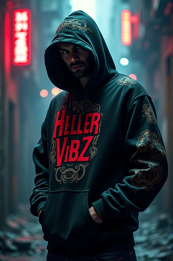 A gangster wearing HELLER VIBZ hoody