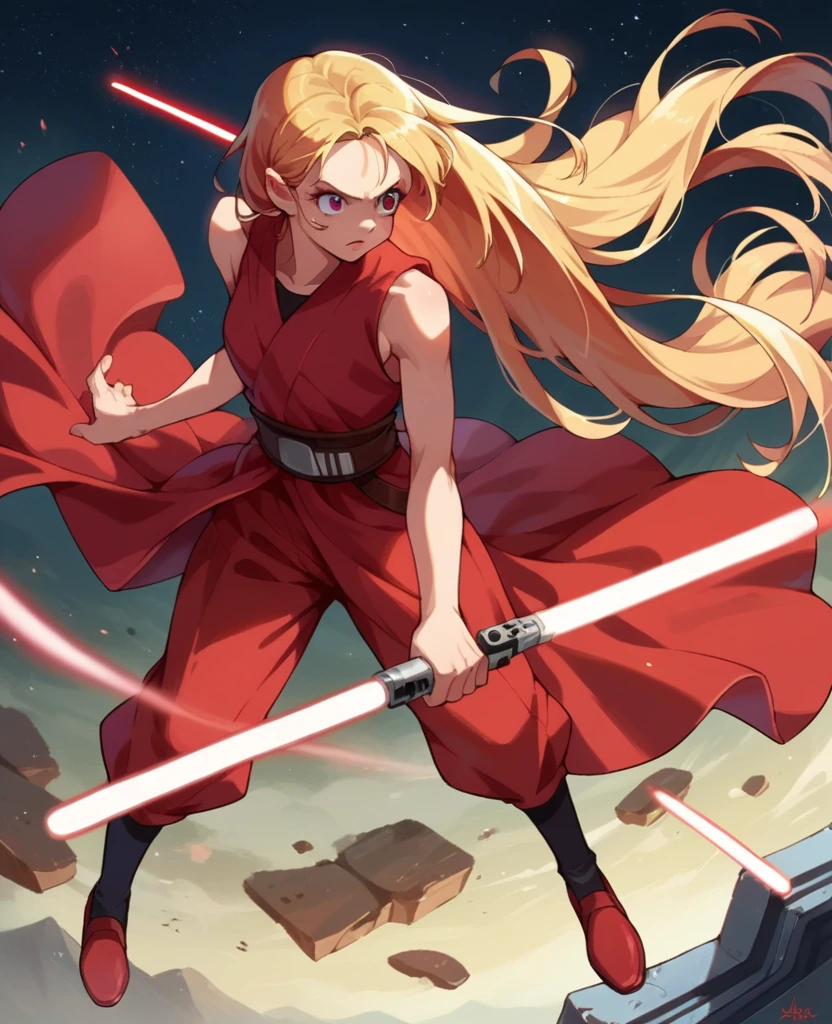 Ruby hoshino, golden hair, very long hair, star wars, Jedi, lightsaber, red lightsaber, high shoes, bare hands, hoops, 