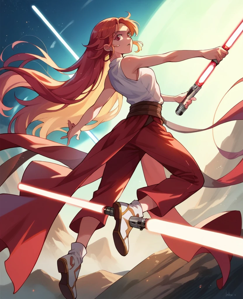 Ruby hoshino, golden hair, very long hair, star wars, Jedi, lightsaber, red lightsaber, high shoes, bare hands, hoops, 