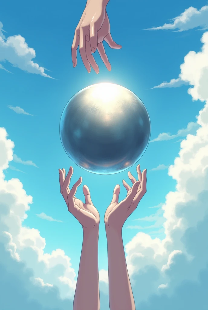 A metallic orb with no reflection in the middle, (One hand vertically above the orb and another hand vertically below the orb). In the background a sky with clouds and sunny. anime
