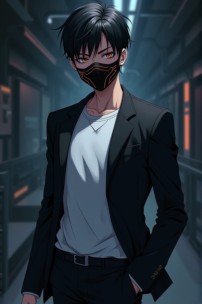 Create an anime cartoon character wearing formal black suit and white t shirt and hacker mask on his face