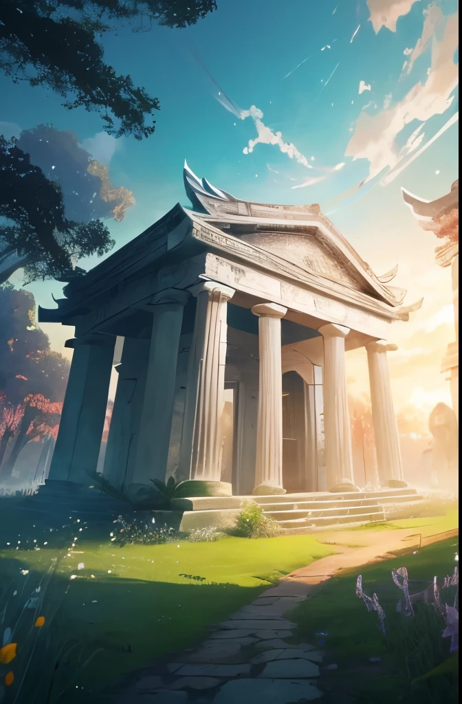 there is a small white building in the middle of a field, mysterious temple setting, a mystical temple, background depicting a temple, secret overgrown temple, entrance to ethereal realm, temple background, portal to the ethereal realm, mythical shrine, beautiful anime scene, anime beautiful peace scene, the most beautiful scene, ancient temple, at sunrise in springtime, mystical setting