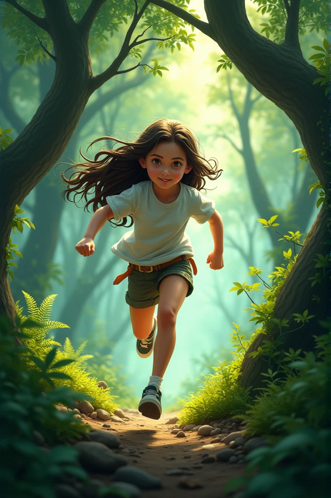 Girl running through the forest