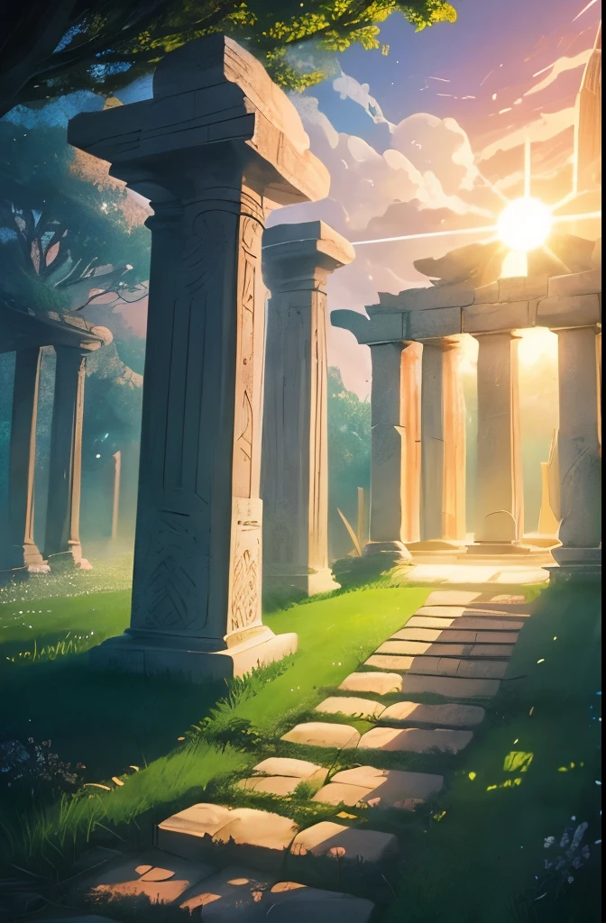 there is a small white building in the middle of a field, mysterious temple setting, a mystical temple, background depicting a temple, secret overgrown temple, entrance to ethereal realm, temple background, portal to the ethereal realm, mythical shrine, beautiful anime scene, anime beautiful peace scene, the most beautiful scene, ancient temple, at sunrise in springtime, mystical setting