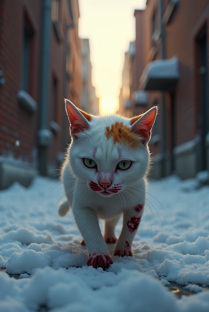 A small, white cat with orange patches, limping and bleeding, in an urban alleyway at twilight. In snow