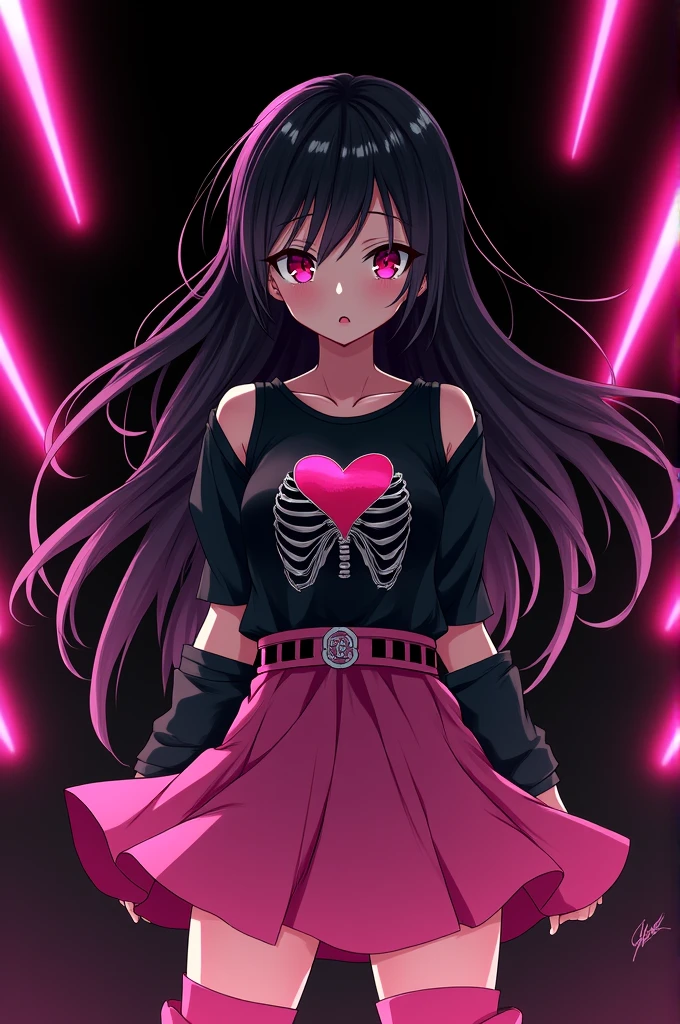 You can create an image of an anime scene character who wears black hair spread out to the hips and wears hot pink bangs that cover her eyes a little with black stripes on the bangs, Her skin is normal and she wears hot pink knee-high boots with a dove skirt., a hot pink belt with black and hot pink squares, a shirt with sleeves cut from the shoulders to the hands and a black shirt with a picture of ribs and a bright pink heart, her expression is scared and a black background with hot pink stripes