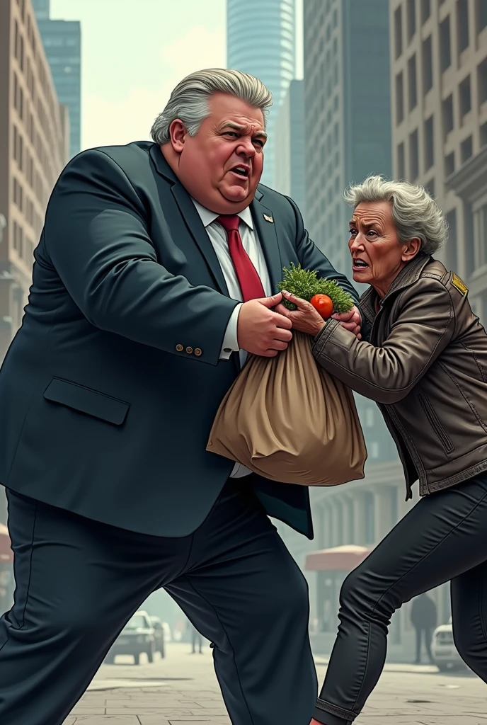 image of Doug Ford mayor of Toronto stealing food from a homeless woman. Toronto in the background. Doug Ford is obese. the homeless woman looks angry and is fighting to get her food back. she is pulling at the bag of groceries that Doug Ford is holding. Doug Ford has light grey-blonde hair that is slicked back and he is wearing a mayor suit. The homeless woman is wearing torn clothes and she looks dirty. The homeless woman is leaning back trying to pull her groceries away from Doug Ford.