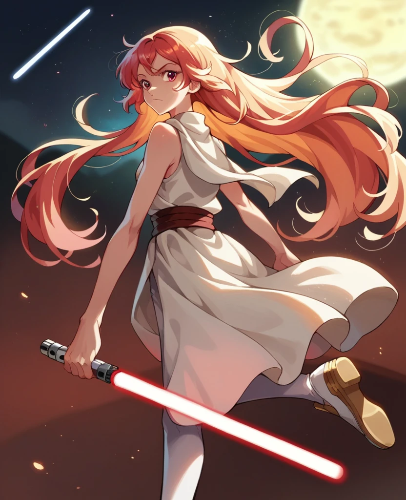 Ruby hoshino, golden hair, very long hair, star wars, Jedi, lightsaber, red lightsaber, high shoes, bare hands, hoops, 