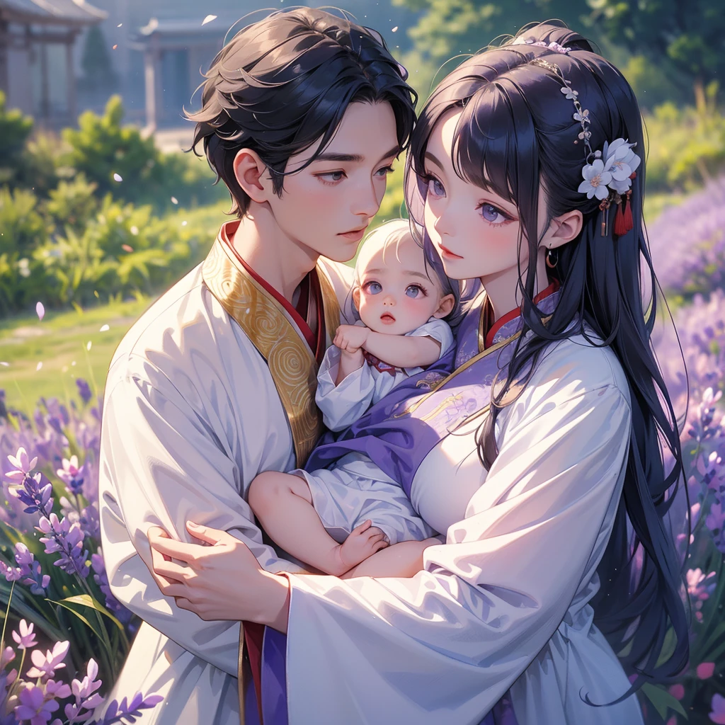 A one-year-old baby boy in an white ancient Chinese baby costume with his beautiful mother, dressed in an ancient Chinese costume, Stroll among the purple lavender fields , There are some floating clouds, playing with each other, with his handsome father standing next to his mother, close up.