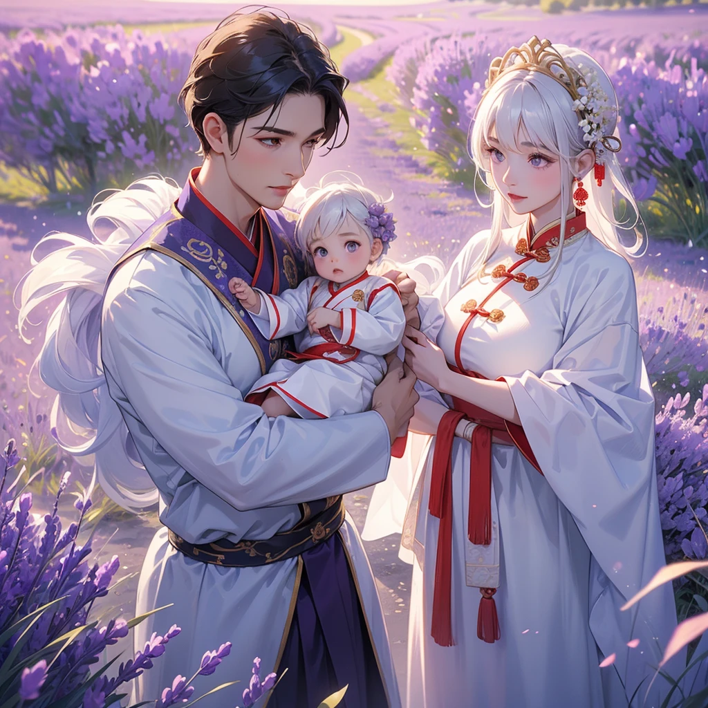 A one-year-old baby boy in an white ancient Chinese baby costume with his beautiful mother, dressed in an ancient Chinese costume, Stroll among the purple lavender fields , There are some floating clouds, playing with each other, with his handsome father standing next to his mother, close up.