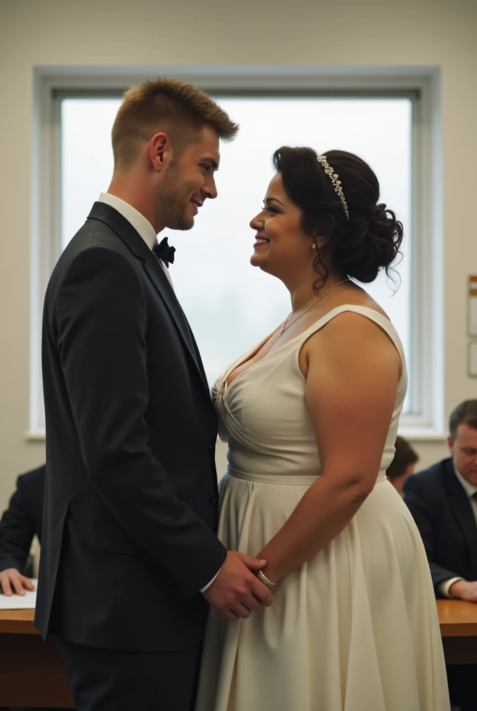 um casal, Tall and thin man, average height and fat woman, getting married at the registry office, no guest, normal clothes.