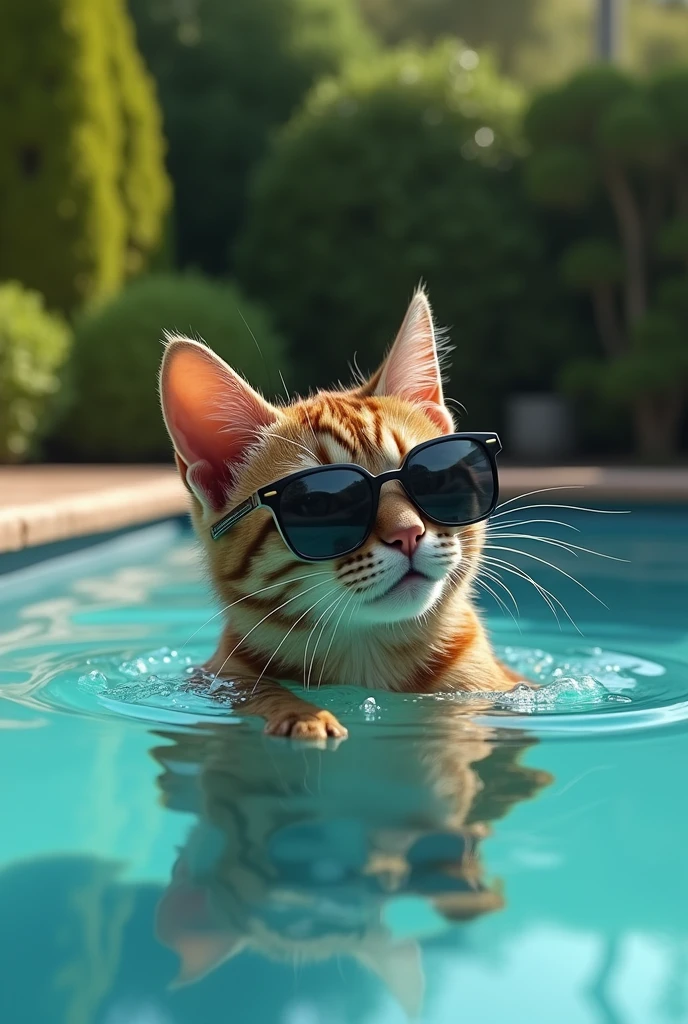 A poor cat is swimming in the pool wearing sunglasses