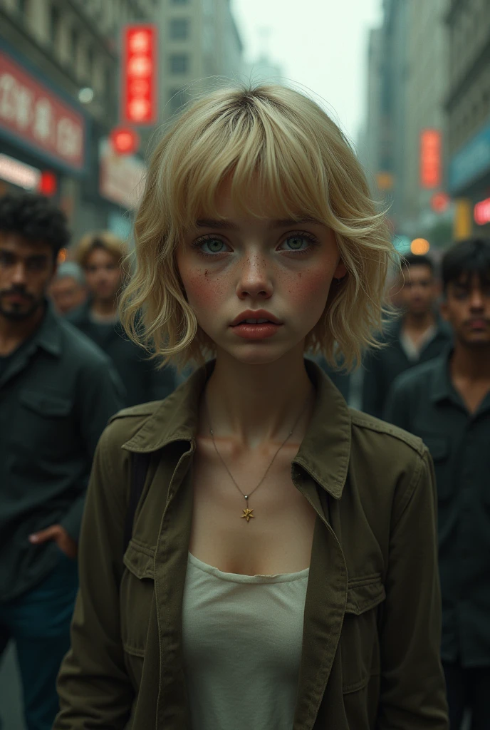 Beautiful woman with short wavy blonde hair and bangs, dark green eyes, lisa into it, deep dark circles, walking with a tired face while several people try to catch up with her