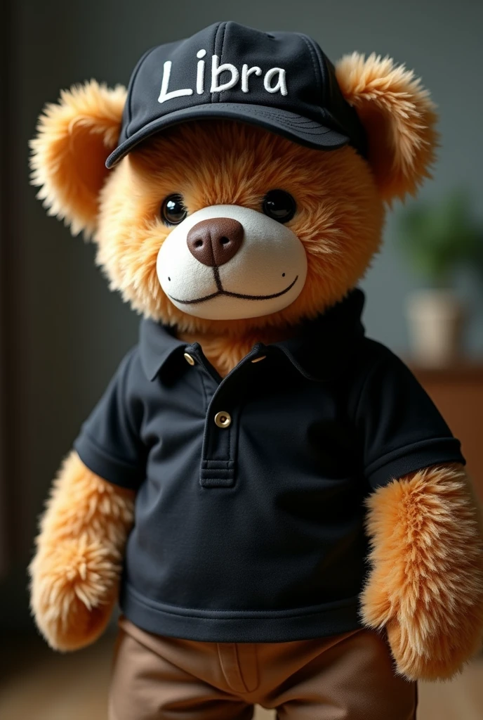 A photo of Ted the teddy bear. The bear is wearing a black polo shirt and a cap with the words "LIBRA". In the background there is a photography studio.