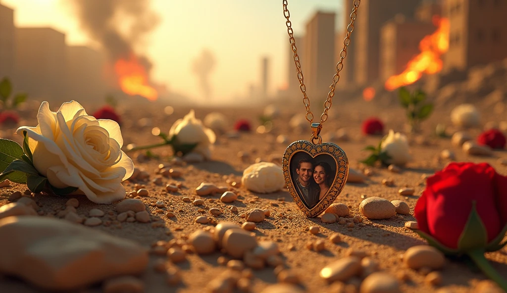 2024; (masterpiece, best quality) destroyed Ancient Egypt roses(((white and red roses))) on the floor; flowers on the ground; small necklace with a small photo of a couple a love heart  Down(close-up); bombs falling from the sky.; fire around.