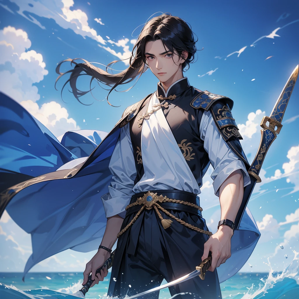 A Handsome black-hair male holding a large sword in an ancient chinese costume, Background is a blue sky, with low floating blue clouds all over the area