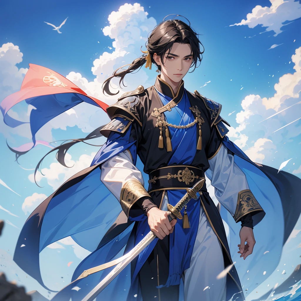 A Handsome black-hair male holding a large sword in an ancient chinese costume, Background is a blue sky, with low floating blue clouds all over the area