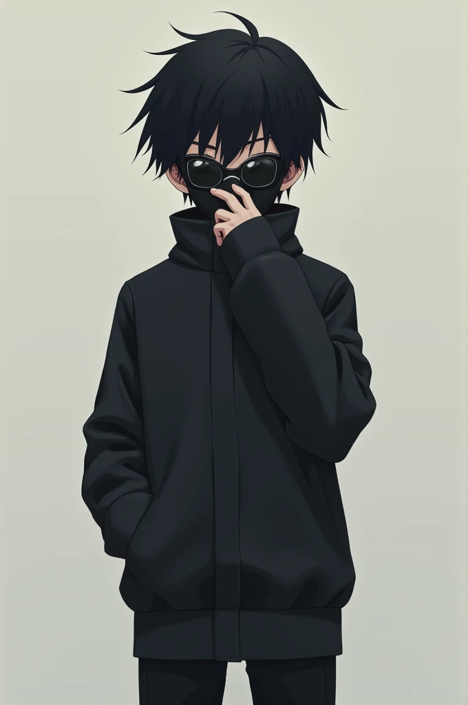one boy stand by wear black goggle and mask bye taking hand in nose Black hair anime